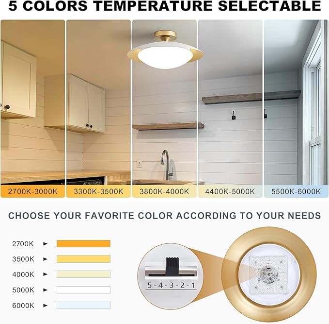 Dimmable Modern Semi Flush Mount Ceiling Light Fixture,Small White and Gold LED Glass Shade Kitchen Ceiling Lights,5CCT In One Light Fxiture for Hallway Entryway Bedroom Laundry Room Foyer(15.75in)