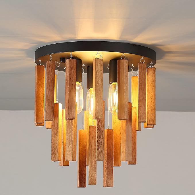 3-Light Semi Flush Mount Ceiling Lights Boho Wood Light Fixture Farmhouse Chandelier Oak and Black Ceiling Lighting with E26 for Kitchen Living Room Entryway Bedroom Dining Room