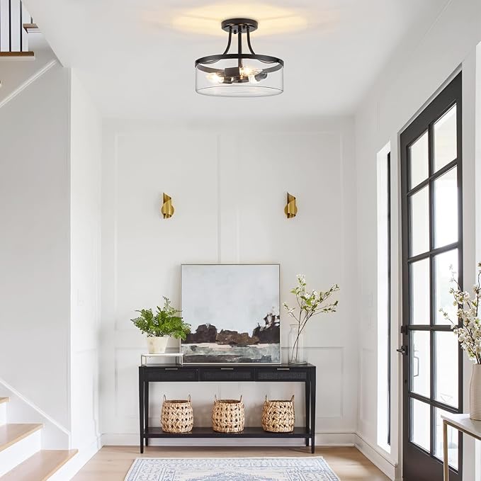 11.81" Black Semi Flush Mount Ceiling Light Modern Glass Light Fixture Industrial Hallway Lights 3-Light Close to Ceiling Light Fixtures for Entryway Bedroom Kitchen Dining Room Laundry Room Lighting