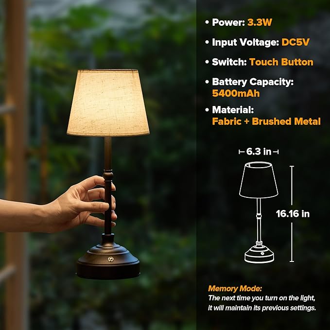 2 Pack Cordless Table Lamp, Rechargeable Desk Lamp with Fabric Shade, Battery Operated Lamp 3 Color Stepless Dimming, Small Touch Bedside Lamp Home Decor for Dining, Counter (Matte Black)