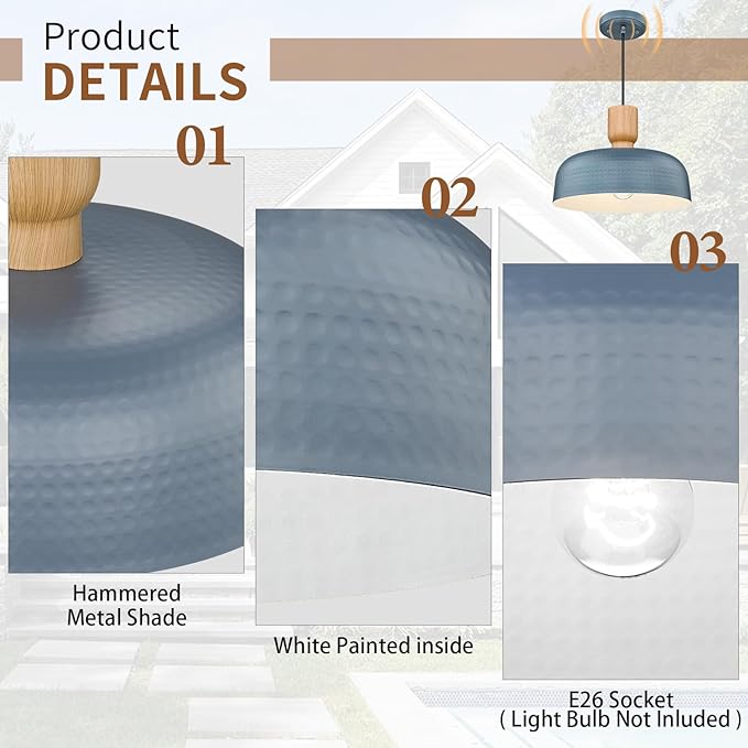 Darkaway Dusk to Dawn Industrial Pendant Light Fixtures Ceiling Hanging with Hammered Metal Shade, 2pcs Blue Pendant Light for Outdoor Porch Lighting Hanging Lamp Adjustable Height