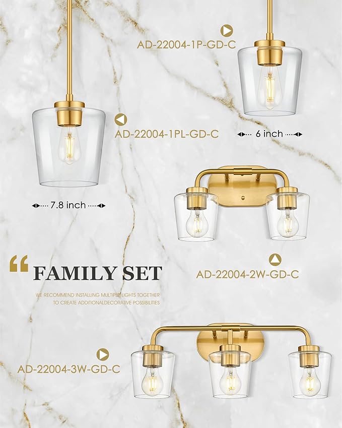 2-Pack Pendant Lights Kitchen Island, 8" Brushed Gold Hanging Lights Fixtures with Clear Glass Shade, Modern Kitchen Pendant Lighting Over Island for Dining Room, AD-22004-1P2L-GD-C