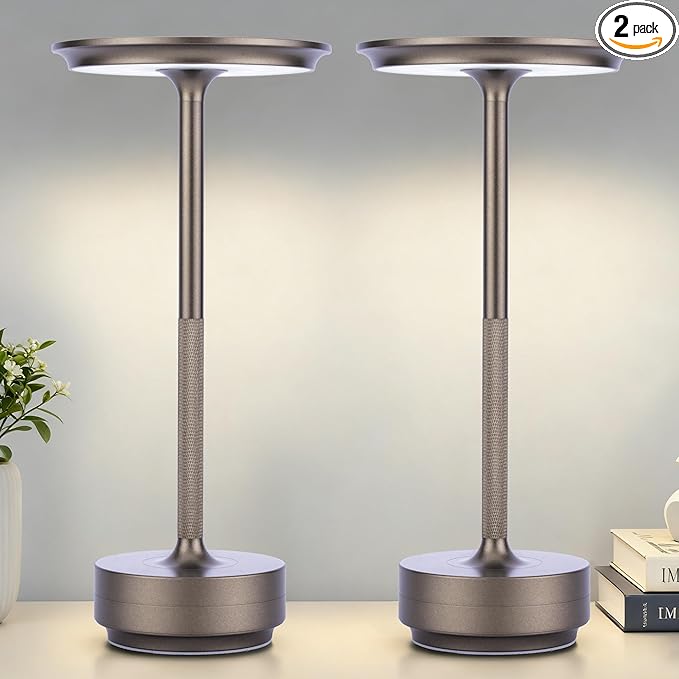 UdoUto 2-Pack Cordless Table Lamp Rechargeable - 5000mAh Battery Operated LED Table Light with Touch Stepless Dimming - Portable Coffee Metal Outdoor Lamp for Patio, Restaurant, Living Room