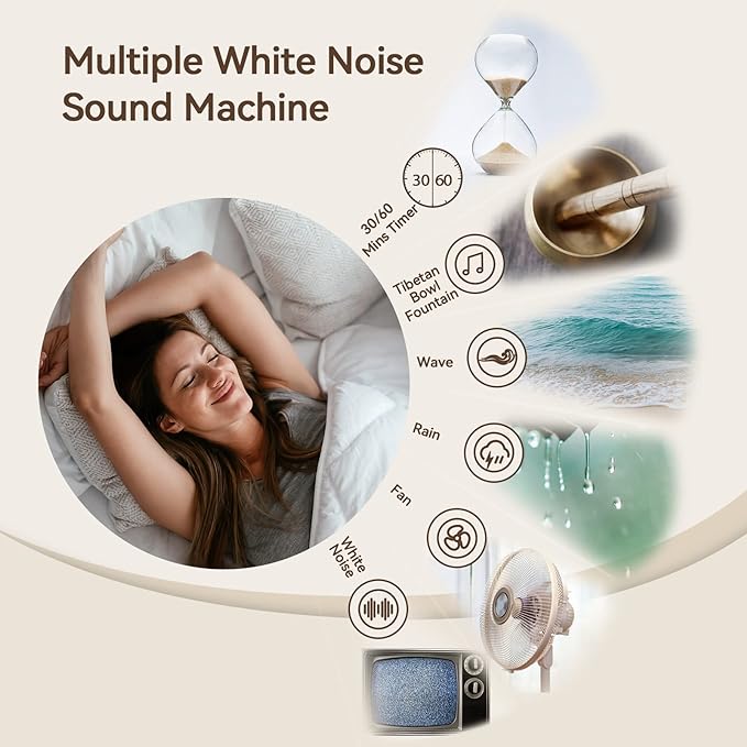 Vivilumens Gifts for Mom 6 in 1 Bedside Lamps with Wireless Charger Bluetooth Speaker White Noise Machine Music Table Lamp with Night Light Personalized Birthday Gift for Women Teens Girls(Rosy Beige