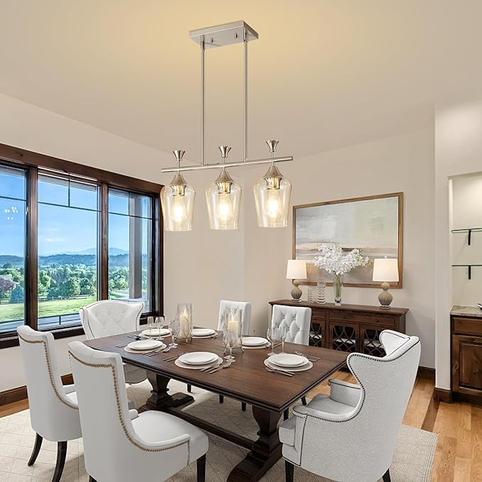 21.2" Dining Room Light Fixture/Chandelier Over Table, 3-Light Brushed Nickel Kitchen Island Lighting with Clear Glass Shade, Modern Hanging Pendant Lights Fixture for Kitchen Island, Dining Room, Bar