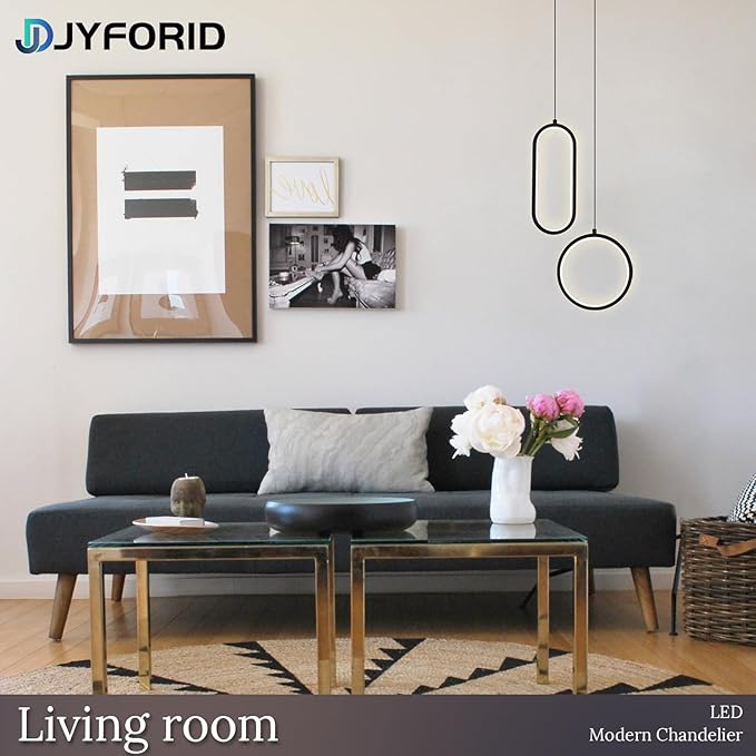Black Modern Mini LED Pendant Light with Remote Control, 2 Ring 24W 3-Color Temp Stepless Dimmable Ceiling Hanging Light for Bedroom Kitchen Island Dining Room Foyer Entryway