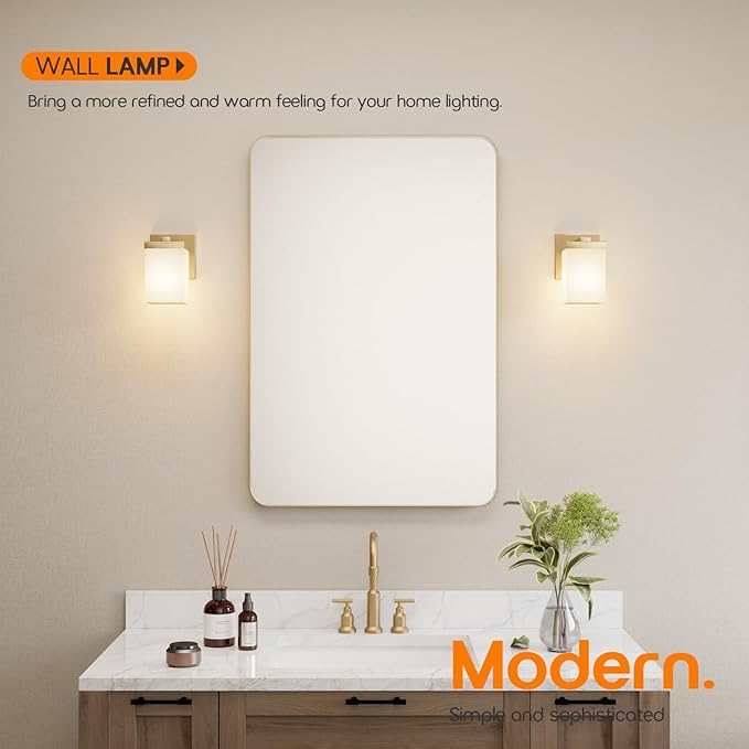 Vanity Lighting Fixture with White Frosted Glass, Gold Bathroom Wall Lamp Over Mirror, Wall Sconce for Living Room Kitchen Washroom Porch T003GD-L1
