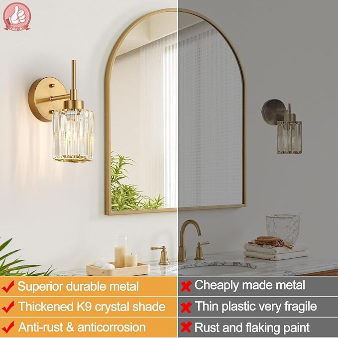 Modern Crystal Bathroom Vanity Light, 2-Pack Brushed Gold Vanity Light with Clear Crystal Shades, Bathroom Light Fixtures Over Mirror (Bulbs Not Included)