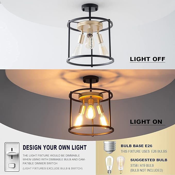 Industrial Semi Flush Mount Ceiling Light Fixture, 3-Light Farmhouse Vintage Black Ceiling Lamp with Adjustable Socket, Rustic Chandelier Metal Cage Shade for Kitchen Hallway Entryway Passway Bedroom