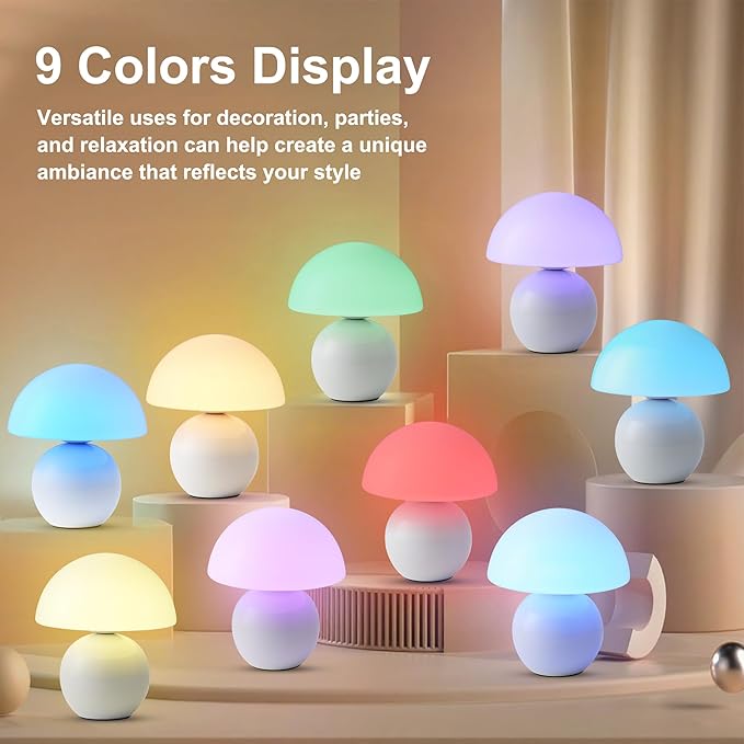 KARTOOSH Cordless Cute Mushroom Lamp with Remote Control, 9 RGB, Cordless Lamps for Tables, 3 Color Temperature, Stepless Dimmable, Timer, Memory, Unique Aesthetic Home Decor for Living Room (White)