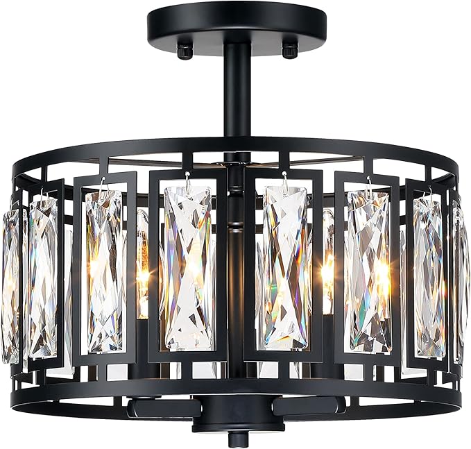 Modern Crystal Semi Flush Mount Ceiling Light Black Close to Ceiling Light Fixtures,3-Light Ceiling Light for Dining Room Bedroom Kitchen Island Hallway Entryway