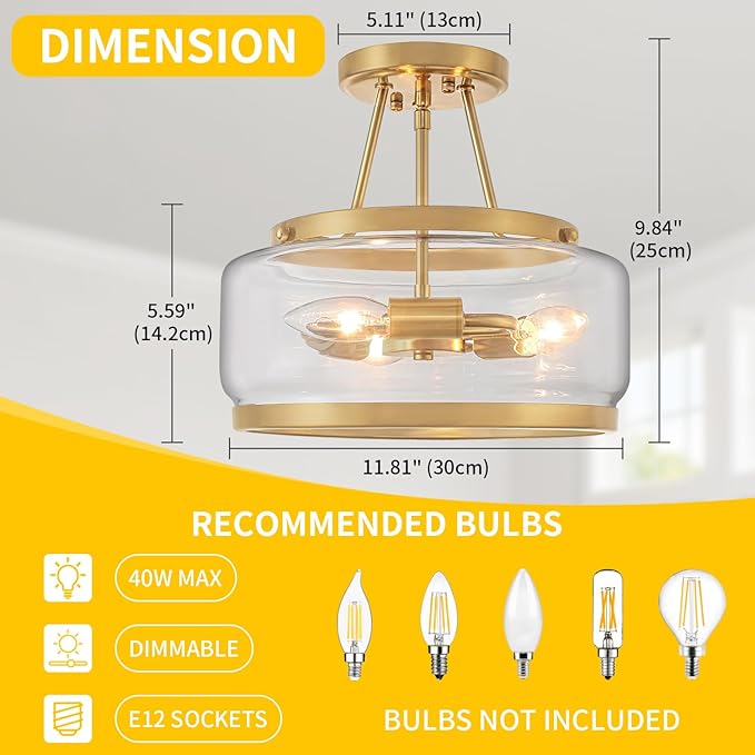 Brushed Gold Modern Ceiling Light Semi Flush Mount Hallway Lights Entryway Chandelier 3-Light Drum Glass Bathroom Ceiling Lighting Fixtures for Kitchen Foyer Bedroom Laundry Dining Room