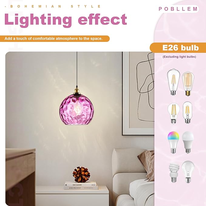 Mid Century Plug in Hanging Light for Living Room, 13.8" Purple Glass Shade Plug in Cord Boho Pendant Lamp for Bedroom Dining Room Kitchen Sink, Large Plug-in Light