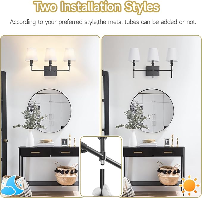 Vanity Lights For Bathroom,23.6 In Black Bathroom Light Fixtures Over Mirror,Vintage 3-Light Vanity Light With Flared White Fabric Lampshade For Bedroom,Hardwired Hallway Sconce Light,E12 Base