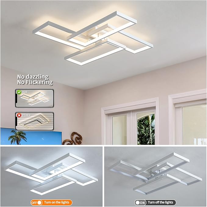 Shine LUEST Modern LED Ceiling Light Fixture White Flush Mount Ceiling Light Dimmable 26" Bedroom Lights for Ceiling with Remote Control 48W Kitchen Ceiling Light Fixtures for Hallway 3000K-6000K