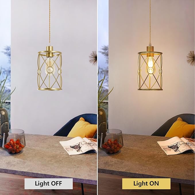 Plug in Industrial 2 Pack Farmhouse Pendant Light, Mini Cage Pendant Lighting in Gold Finish with Crystal, Adjustable Length Hanging Light Fixture for Hallway, Bedroom, Living Room, Kitchen
