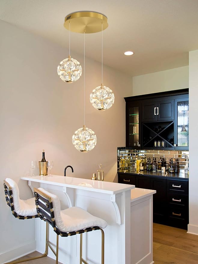 ykolupty Pendant Lights Kitchen Island 3-Light Gold Crystal Island Lights Dining Foyer Entrance Modern Chandeliers LED Dimmable 2700-6000K