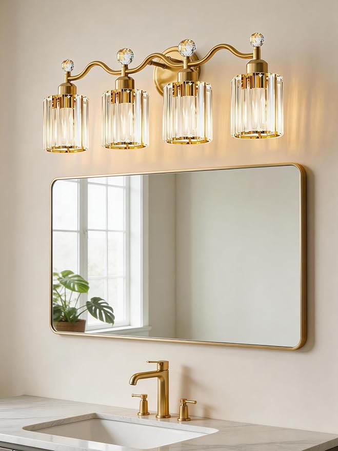 Modern Crystal Bathroom Vanity Light, 4-Lights Bathroom Light Fixtures, Brass Gold Vanity Lighting Fixtures Over Mirror, Brushed Wall Sconce Light for Bedroom, Kitchen, Living Room, Gallery, E26 Base