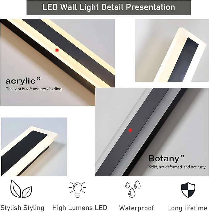 2Pack 23.6inch Long Outdoor Modern LED Wall Light,18W Waterproof IP65 Warm White 110V led Wall Mount Lighting Fixture Rectangular Black Wall Lights Elegant Frosted White Acrylic Anti Rust