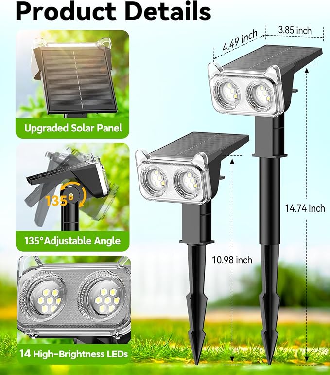 LETMY Solar Lights Outdoor Waterproof IP65, 4 Pack Solar Spot Lights Outdoor with 14 Big LEDs, 2-in-1 Wall Lights & 2 Modes Solar Landscape Spotlights for Pathway Yard Decor Garden Gifts (Warm White)