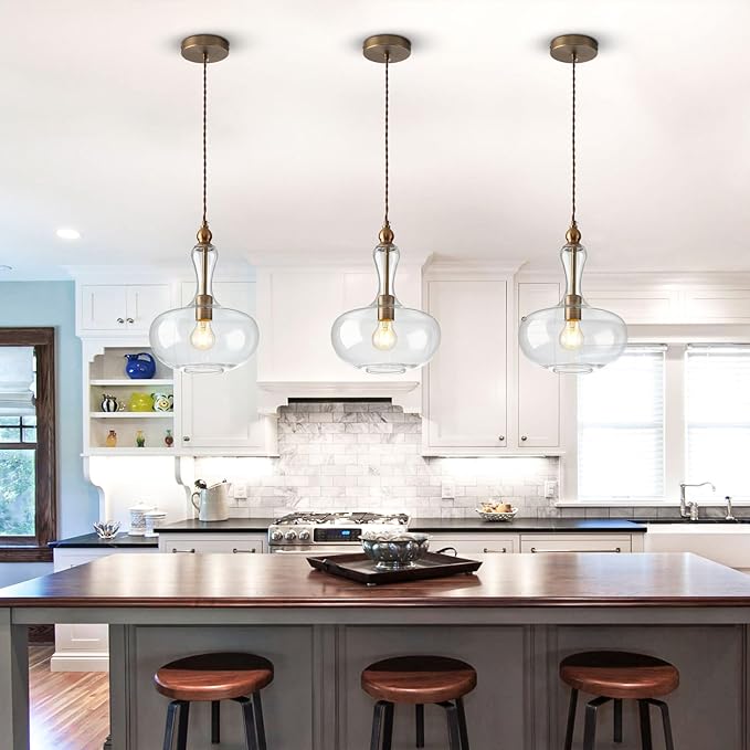 Glass Pendant Light Vintage Brass Kitchen Island Pendant Light with Clear Glass Shade for Dining Room Kitchen Entrance Stairs