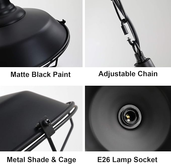 Industrial Pendant Lights 2 Pack Farmhouse Pendant Lights with Adjustable Chain, D10.2 Rustic Pendant Lighting Barn Black Metal Hanging Lights with Wire Cage for Kitchen Island Dining Room