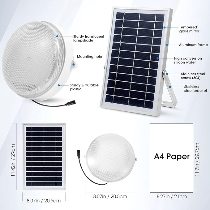 Solar Ceiling Lights-Indoor Outdoor, Daytime & Dimmable 1000LM Solar Shed Light with ON/Off Switch & Remote, Cool/Warm White Barn Light for Yard, Patio, Shop, Porch, Chicken Coop