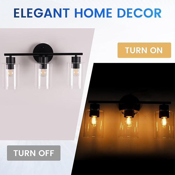 3-Light Bathroom Light Fixtures, Black Vanity Lights Over Mirror, Modern Bathroom Vanity Light with Clear Glass Shade and E26 Base, Matte Black Vanity Lights for Bathroom Kitchen Hallway