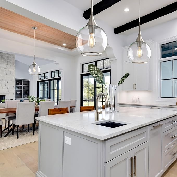 Pendant Lights Kitchen Island: Brushed Nickel Light Fixture Farmhouse with Clear Glass - 10 Inch Mid Century Globe Kitchen Lighting Fixtures Ceiling for Hallway