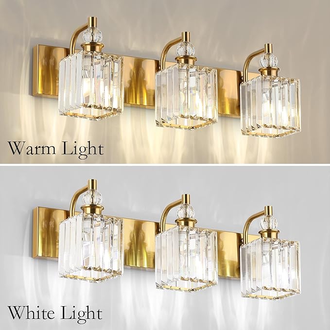 Ralbay Crystal Bathroom Vanity Lights 3-Lights 24'' Modern Crystal Gold Bathroom Lighting Fixtures Over Mirror