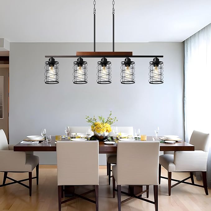 Kitchen Island Lighting, 5-Light Dining Room Light Fixture Over Table, Black Metal & Wood Linear Chandeliers with Cage Shade, Farmhouse Rustic Hanging Ceiling Pendant Light Fixtures for Kitchen