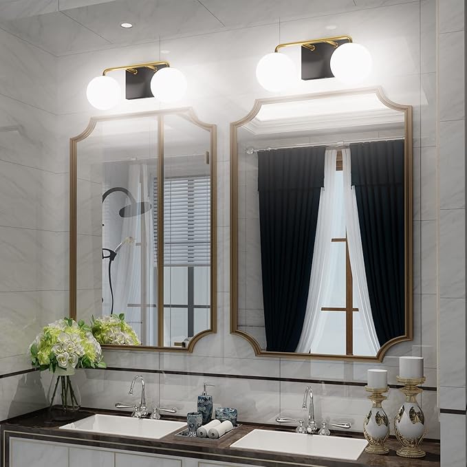 Tipace 2 Lights Mid Century Vintage Bathroom Vanity Light Fixtures Over Mirror Black Gold Industrial Vanity Lights with Milk White Glass Globe Farmhouse Bath Lighting(Exclude Bulb)