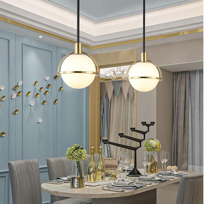 2 Pack Modern Mid Century Globe Pendant Lights,Brass Gold and Black Kitchen Island Pendant Lighting with Milk White Glass Shade,Hanging Pendant Light Fixtures for Living Room Bedroom