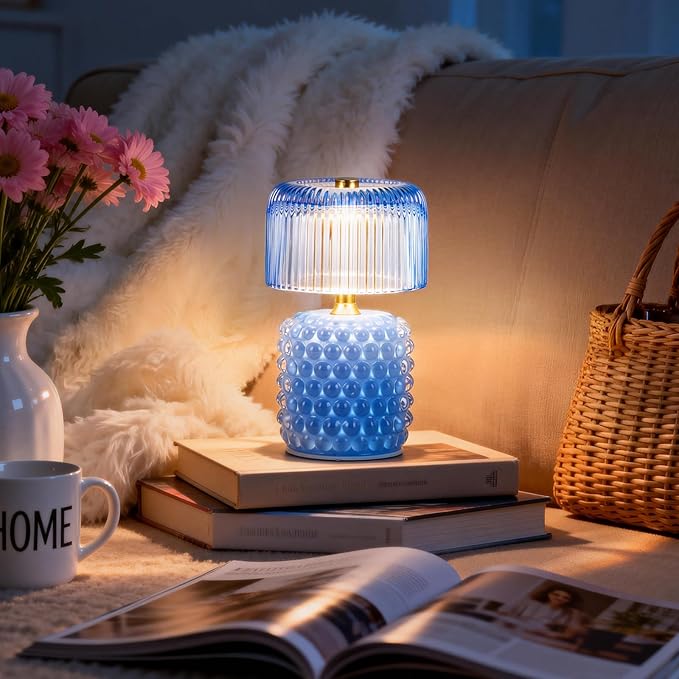 Small Battery Operated Lamp with Timer, Tiny Cordless Glass Table Lamp for Home Decor, Kitchen, Bathroom, Birthday Gift for Women, Pearl, Blue