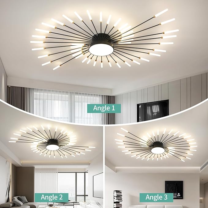 ziidoo Modern Ceiling Light, 42+1 Lights Metal Firework Designed Chic Led Lighting Fixture for Farmhouse Kitchen Dining Room Bedroom Hallway Living Room (Black)