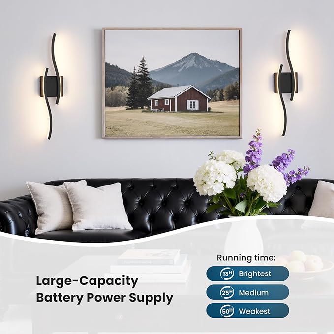 WOSHITU Black Battery Operated Wall Sconces: 23.6 Inch Rechargeable Sconce Wall Lighting Set of Two with Remote & 3CCT Dimmable, Modern Cordless Wall Light for Bedroom Living Room Hallway Bathroom