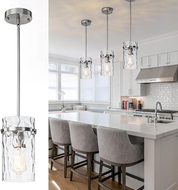 5.5" Nickel Hammered Glass Pendant Light, Brushed Nickel Pendant Lights Kitchen Island, Modern Kitchen Island Light Over Dining Light Fixture Bedroom Foyer 1 Pack