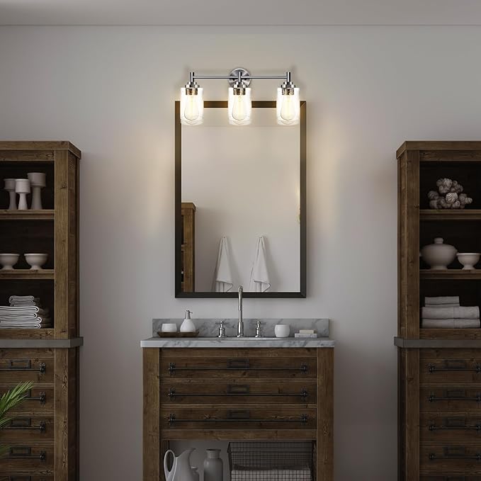 3-Light Bathroom Lighting Fixtures Over Mirror, Brushed Nickel Vanity Lights with Clear Glass Shade. Modern Bathroom Vanity Light for Mirror Kitchen, Living Room, Gallery, Hallway