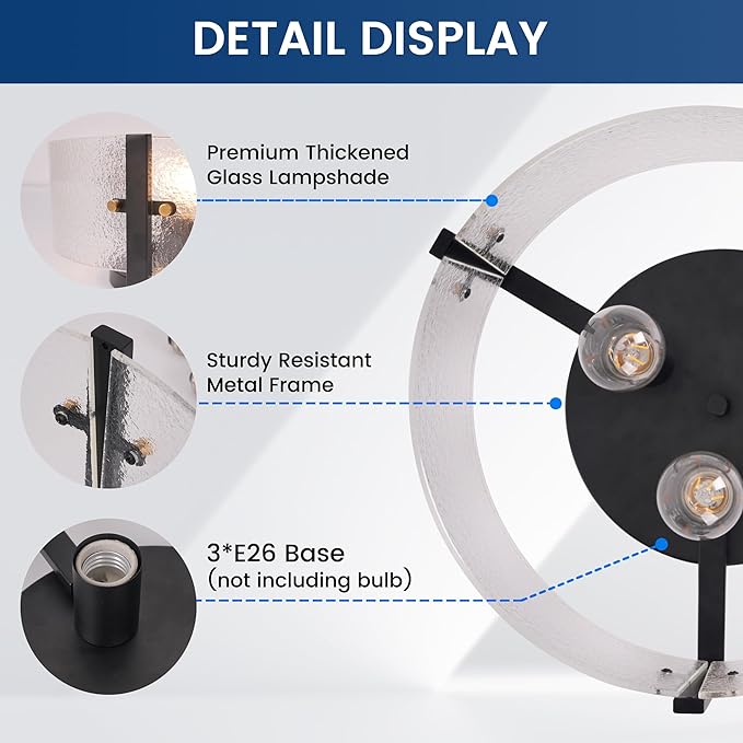Modern Black Semi Flush Mount Ceiling Light Fixture, 3-Light Glass Ceiling Mount Light Fixtures, Kitchen Island Lighting Fixtures Ceiling Lights for Foyer Entryway Bedroom Laundry Room Hallway