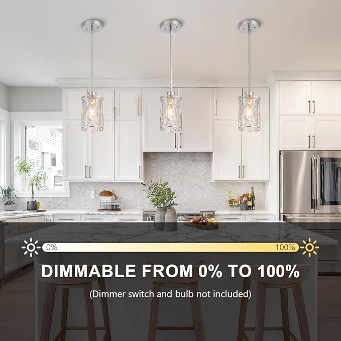Refice Glass Pendant Lights Kitchen Island, Brushed Nickel Kitchen Hanging Light with Clear Glass, Farmhouse Cage Mini Pendant Lighting for Sink Dining Room Bedroom Bar, 2 Pack