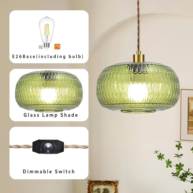 QIYIZM Plug in Pendant Light Glass Hanging Lights with Plug in Cord Boho Hanging Lamp Gold Mid Century Modern Vintage Dimmable Green Flower Plug in Chandelier Ceiling Fixture for Living Room,Kitchen