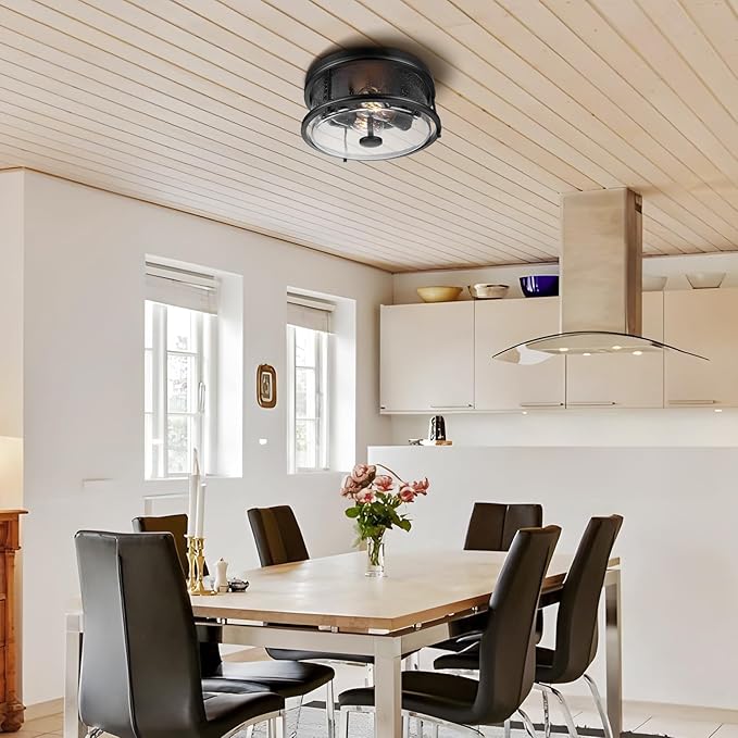 Farmhouse Flush Mount Ceiling Light Fixture, 12 Inch Rustic Close to Ceiling Light Fixtures Metal Cage Lighting with Seeded Glass for Home Kitchen Bedroom Dining Room Entryway Hallway