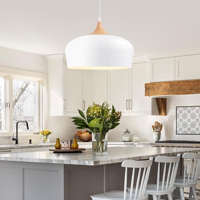 Large 13.8 in Modern Wood Pendant Light Fixtures,Adjustable White Pendant Lighting Fixture,Dome Ceiling Hanging Lights for Kitchen Island, Dining Room