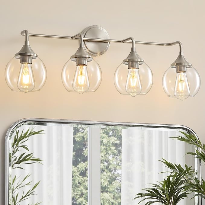 Bathroom Vanity Light with Clear Glass Shade, E26 Base 4-Light Bathroom Light Fixtures Over Mirror, 31 Inch Vanity Lights for Bath (Exclude E26 Bulb)