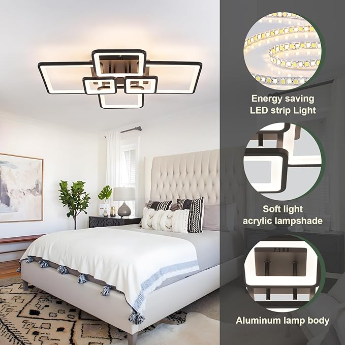 Modern Ceiling Lights 31" 75W, Dimmable Kitchen Lighting Fixtures Ceiling, 3000-6500K Light Fixture Ceiling Mount with Remote Control, Black Square LED Ceiling Light for Bedroom