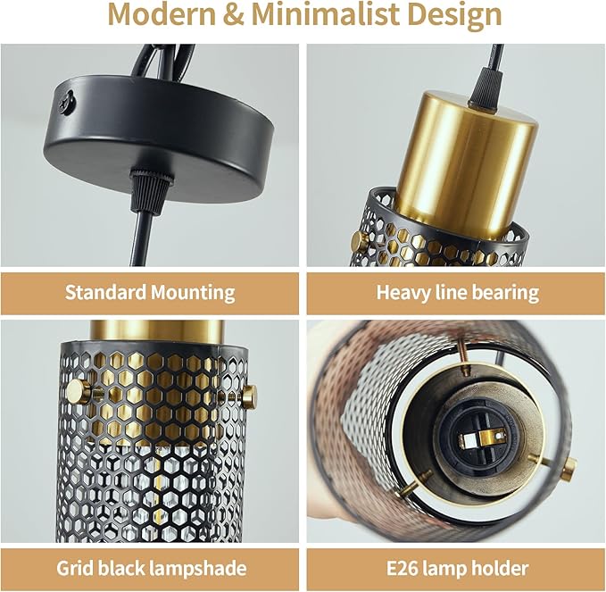 Modern Pendant Light Fixtures, Gold Cylinder Pendant Lapms with Iron Mesh, Adjustable Metal Ceiling Hanging Light Fixture for Kitchen Island Dining Room Entryway Bar 1-Light