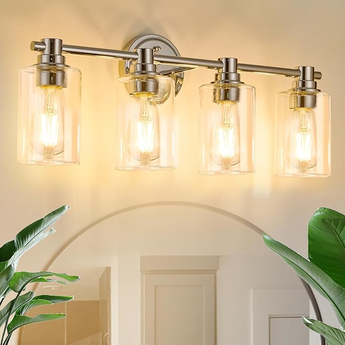 Bathroom Light Fixtures Wall Sconce Light with Clear Glass Chrome 4 Lights Bathroom Lighting Over Mirror Vanity Lights for Living Room,Bedroom,Restroom,Hallway E26 Base