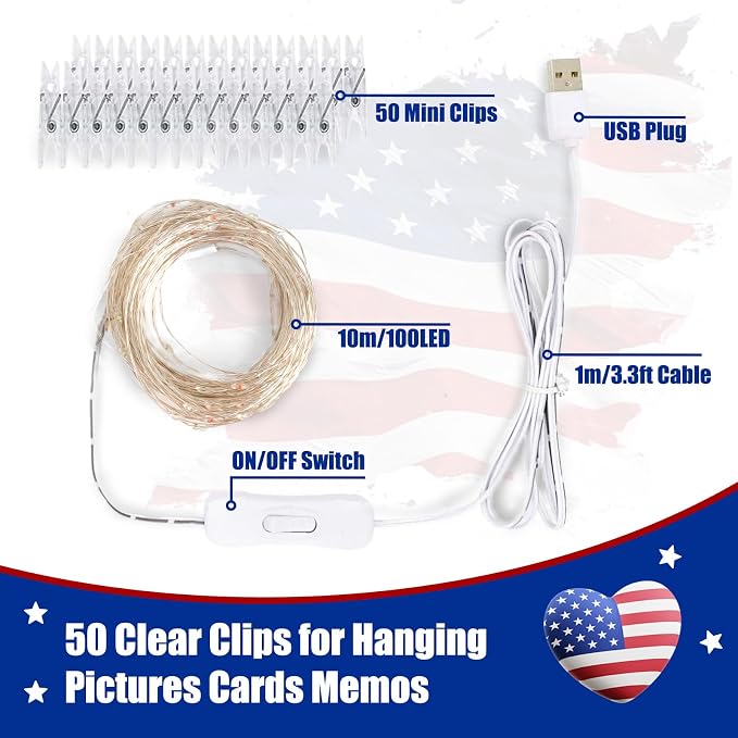 4th of July Lights Red-White-Blue Decorations - 100 LED 50 Photo Clips String Lights Holder 33FT Starry Fairy Lights Hanging Pictures Cards Memos USB Powered&Switch Bedroom Dorm Christmas Decor Tree