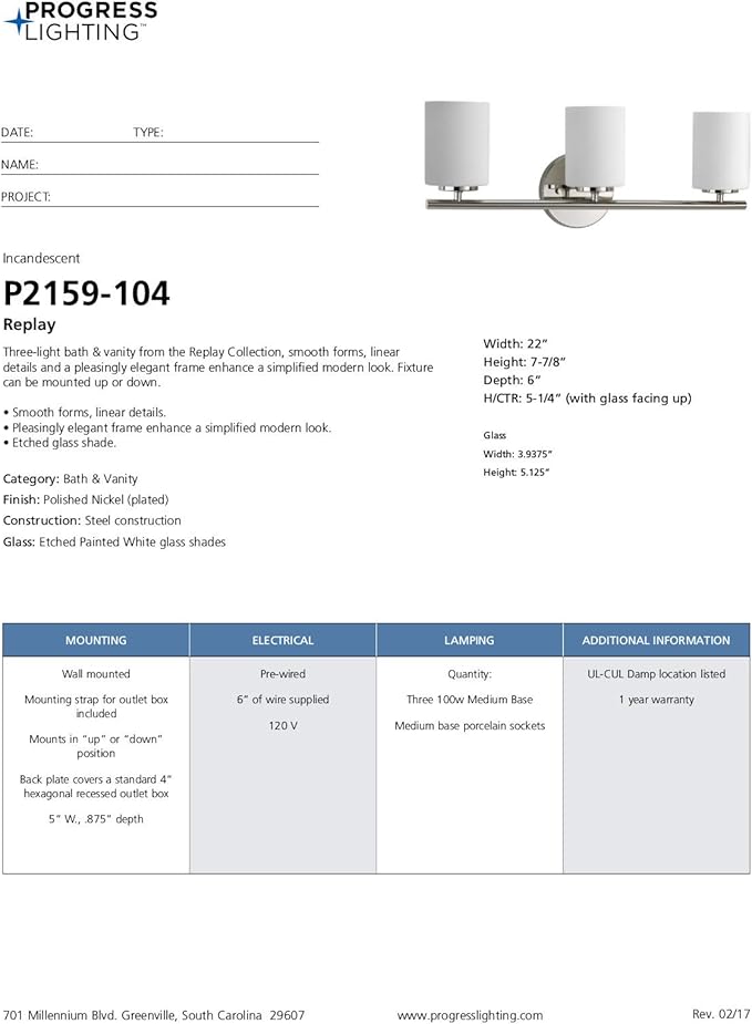 Progress Lighting 3-Light Etched Glass Modern Bath Vanity Light, Replay Collection , Indoor, P2159-104, Polished Nickel