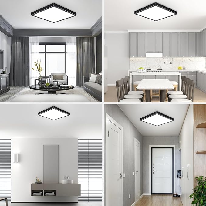 12 Inch 24W Flush Mount Square LED Ceiling Light, 3000K/4000K/6000K Adjustable Flush Mount Light Fixture, 2800LM Bright Flat Ceiling Light Fixtures for Bedroom, Kitchen, Hallway (Black-4 Pack)